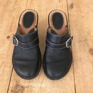 Black Born Leather Clogs Mules with 3" Wedge Heel Buckle Strap Detail SZ 7